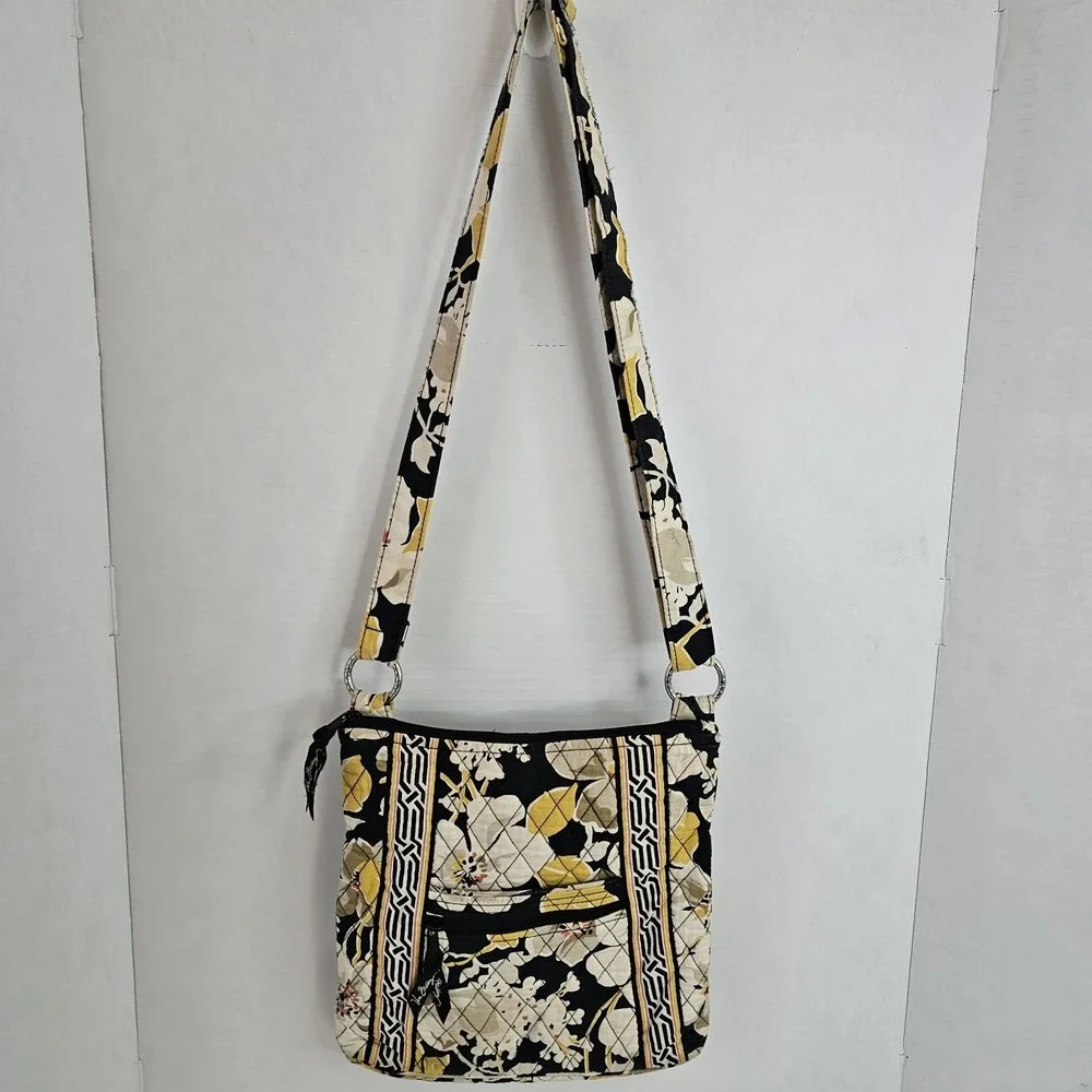 Vera Bradley Dogwood On The Go Hipster Crossbody Purse Bag Black Yellow White